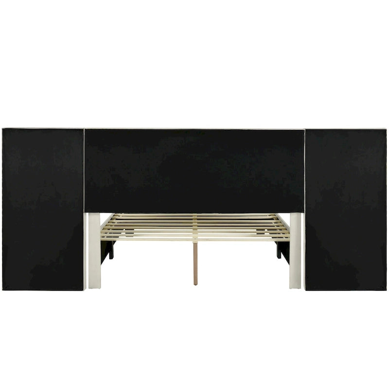 Beige Velvet Upholstered Platform Bed with Oversized Headboard & Side Shelves – Full/Queen, 1 Person