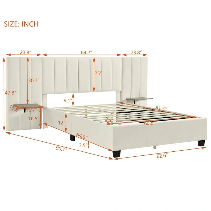 Beige Velvet Upholstered Platform Bed with Oversized Headboard & Side Shelves – Full/Queen, 1 Person