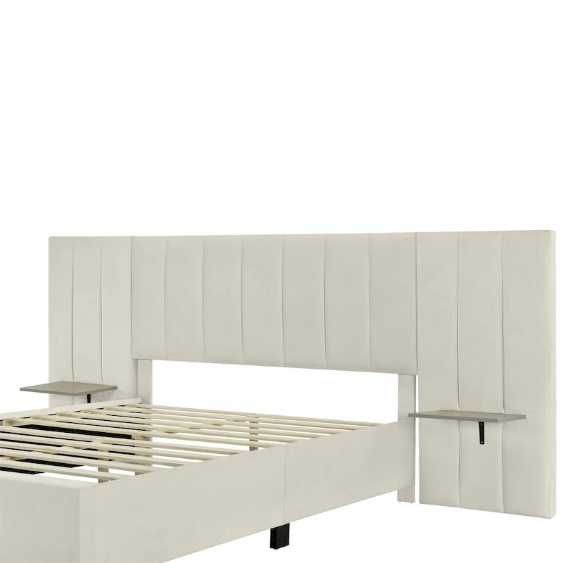 Beige Velvet Upholstered Platform Bed with Oversized Headboard & Side Shelves – Full/Queen, 1 Person