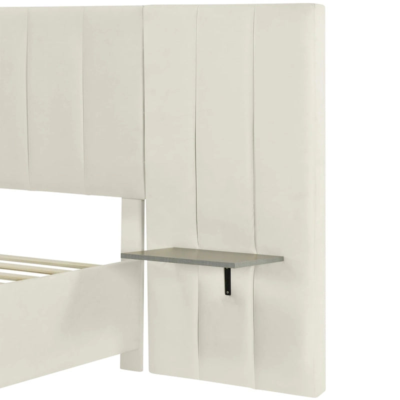 Beige Velvet Upholstered Platform Bed with Oversized Headboard & Side Shelves – Full/Queen, 1 Person