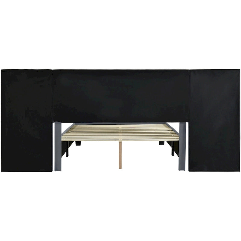 Beige Velvet Upholstered Platform Bed with Oversized Headboard & Side Shelves – Full/Queen, 1 Person