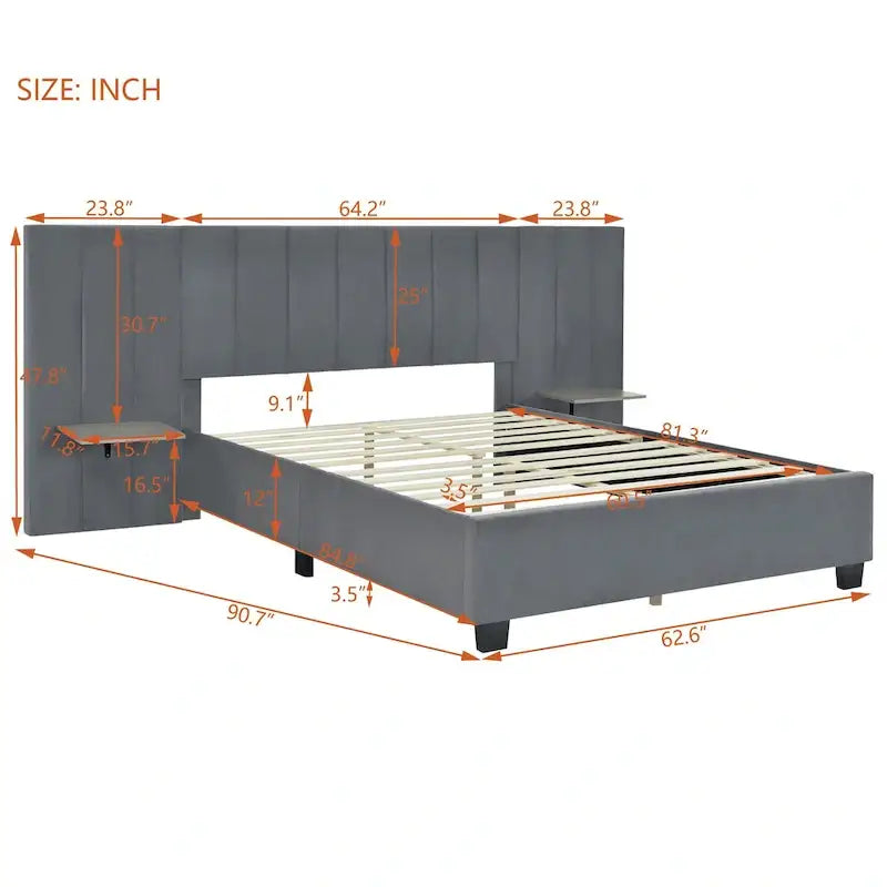 Beige Velvet Upholstered Platform Bed with Oversized Headboard & Side Shelves – Full/Queen, 1 Person