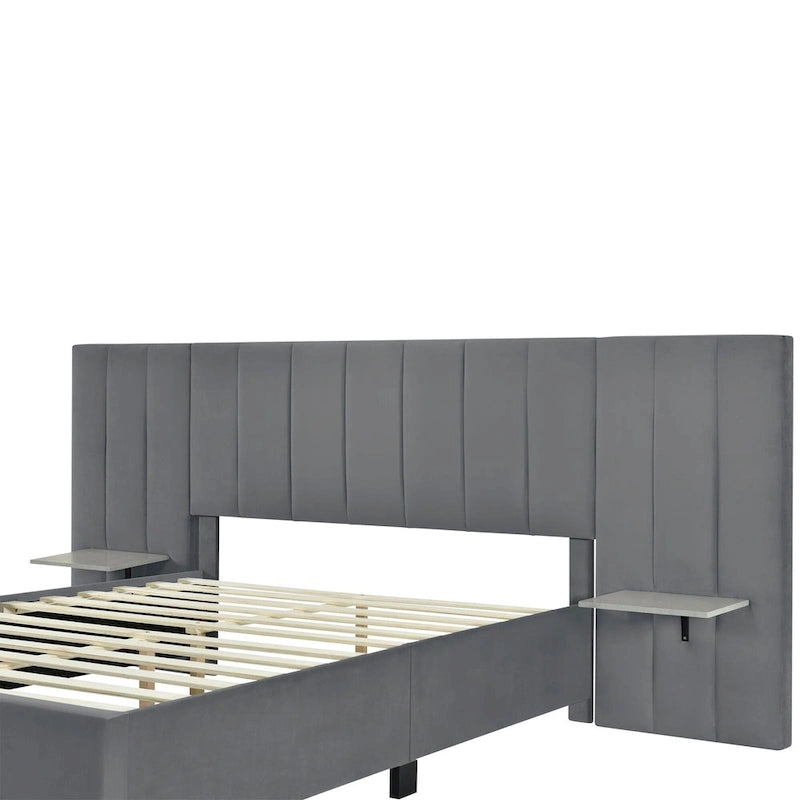 Beige Velvet Upholstered Platform Bed with Oversized Headboard & Side Shelves – Full/Queen, 1 Person