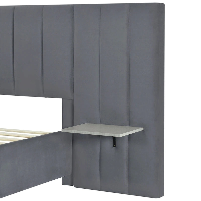 Beige Velvet Upholstered Platform Bed with Oversized Headboard & Side Shelves – Full/Queen, 1 Person