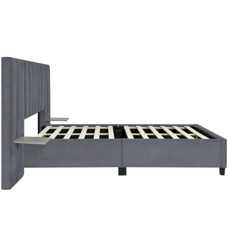 Beige Velvet Upholstered Platform Bed with Oversized Headboard & Side Shelves – Full/Queen, 1 Person