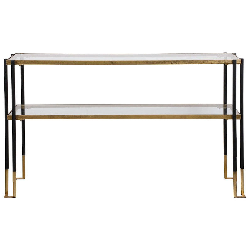 Matte Black & Brushed Gold Console Table with Glass Shelves – 1 Piece