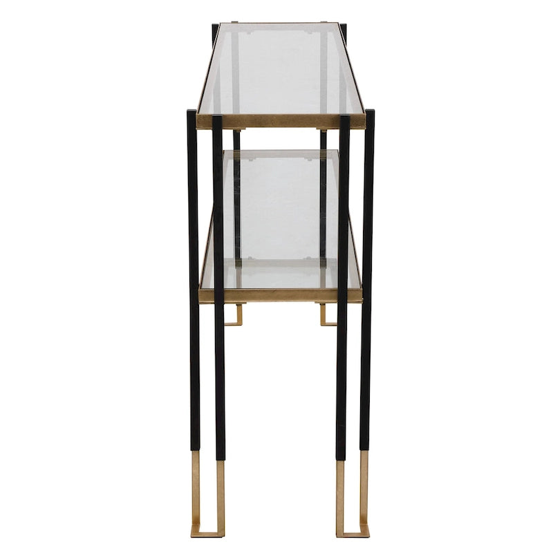 Matte Black & Brushed Gold Console Table with Glass Shelves – 1 Piece
