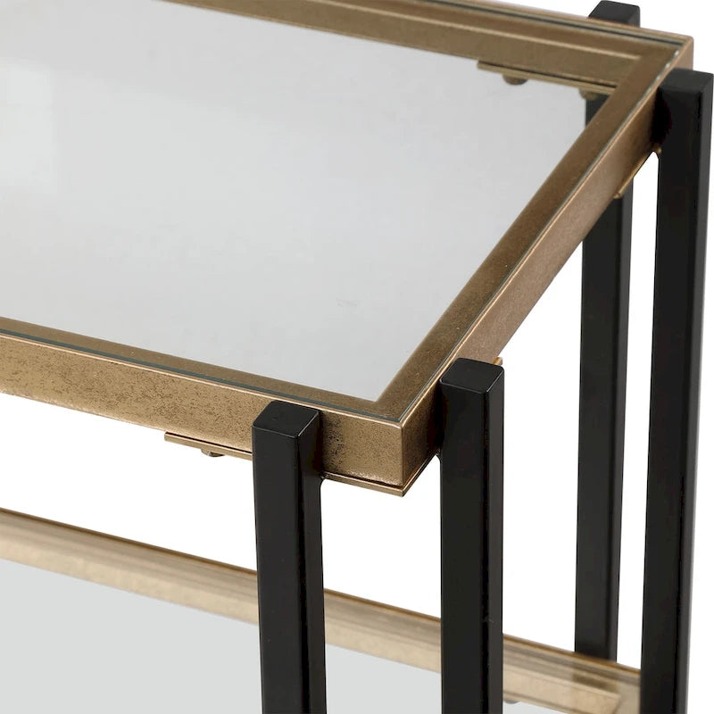 Matte Black & Brushed Gold Console Table with Glass Shelves – 1 Piece