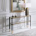 Matte Black & Brushed Gold Console Table with Glass Shelves – 1 Piece