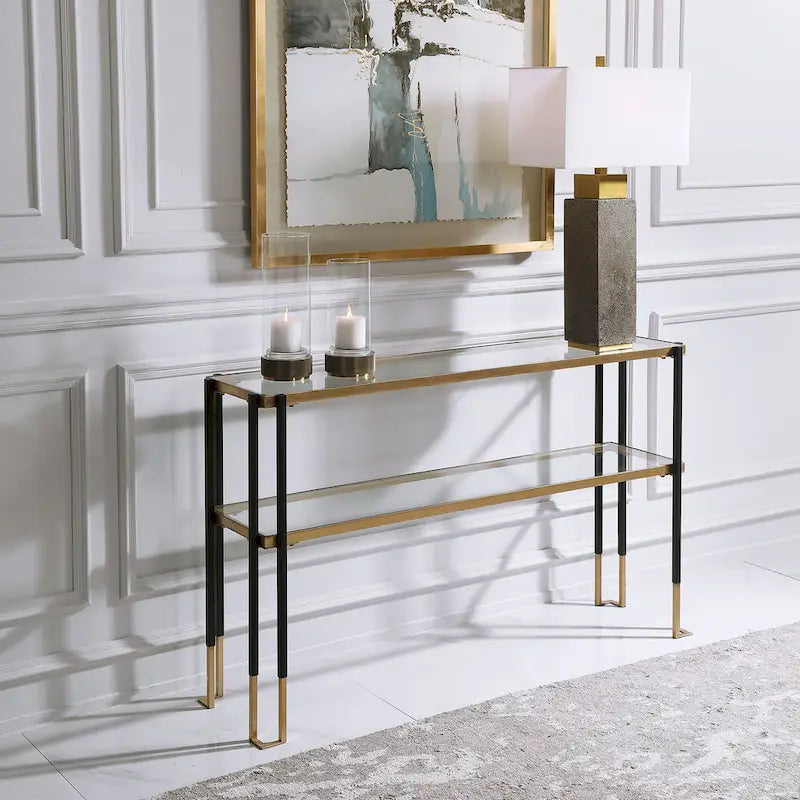 Matte Black & Brushed Gold Console Table with Glass Shelves – 1 Piece