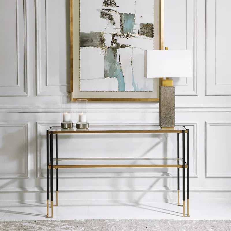 Matte Black & Brushed Gold Console Table with Glass Shelves – 1 Piece