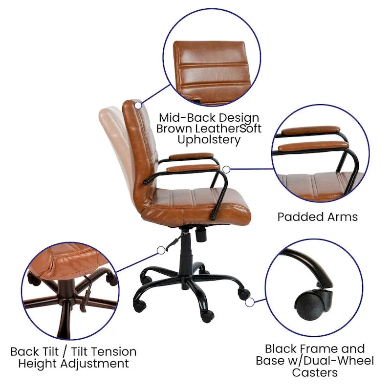 Mid-Back LeatherSoft Swivel Office Chair – Multiple Colors & Frame Options