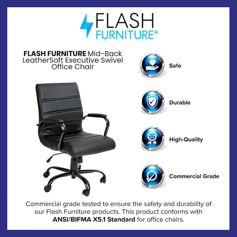 Mid-Back LeatherSoft Swivel Office Chair – Multiple Colors & Frame Options