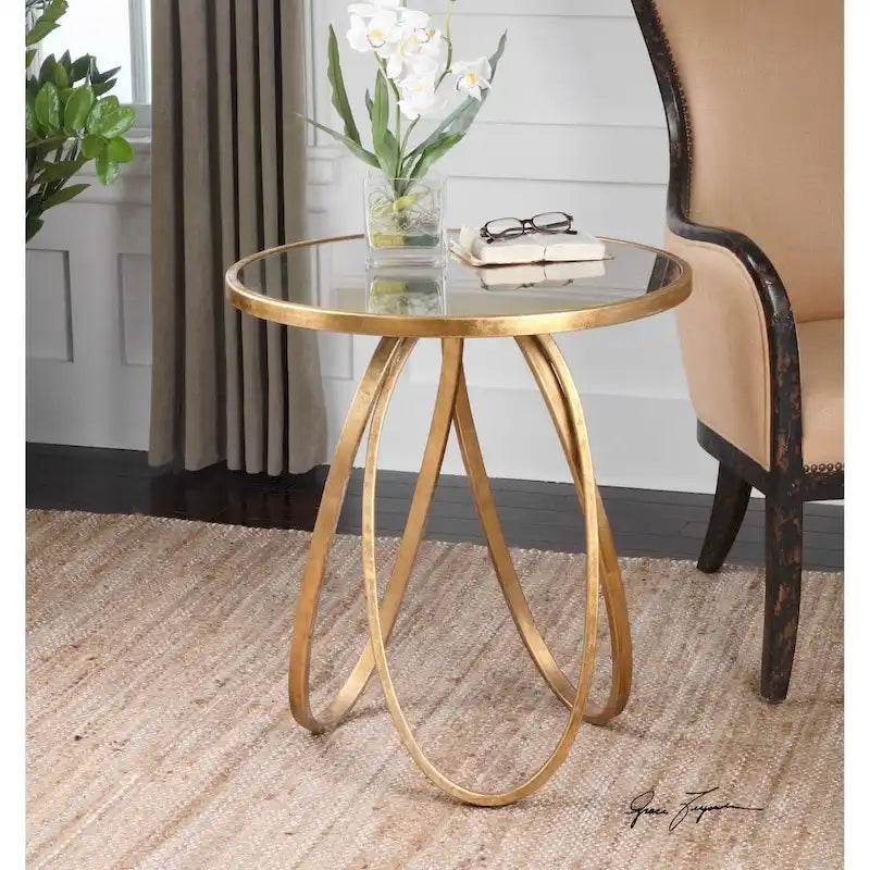 Gold Leaf Round Accent Table with Mirror Top – 1 Person