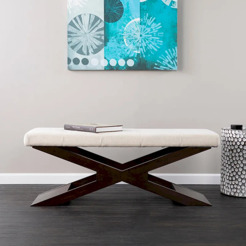 Off White Button-Tufted Upholstered Entryway Bench, Seats 1