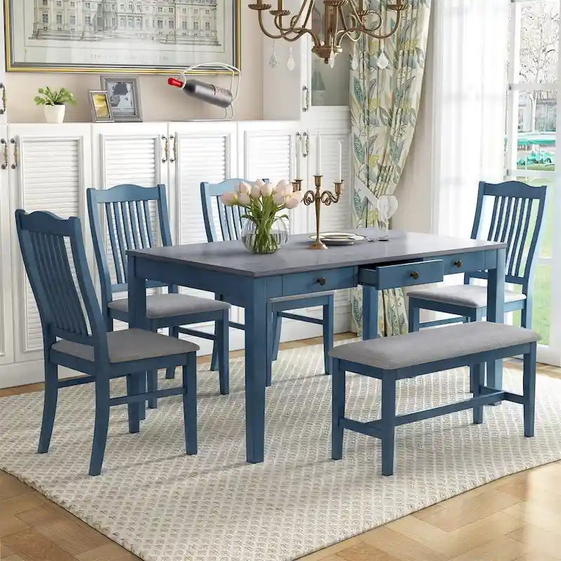 Mid-Century 6-Piece Dining Set for 5 (Antique Blue / Grey)