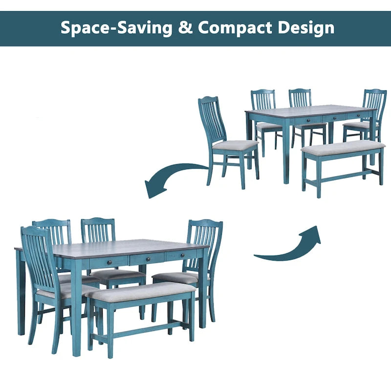 Mid-Century 6-Piece Dining Set for 5 (Antique Blue / Grey)