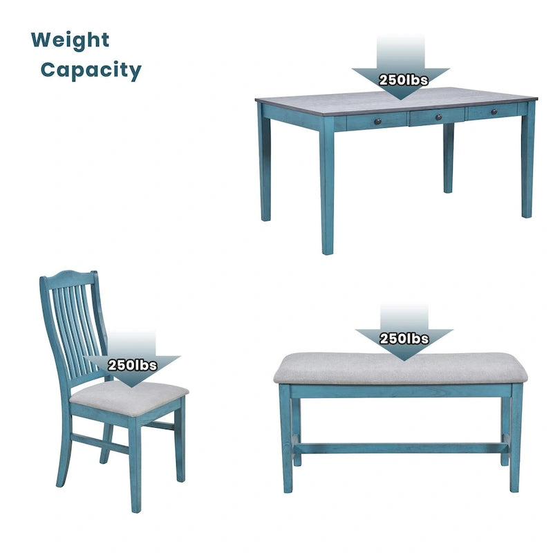 Mid-Century 6-Piece Dining Set for 5 (Antique Blue / Grey)