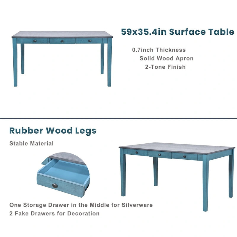 Mid-Century 6-Piece Dining Set for 5 (Antique Blue / Grey)
