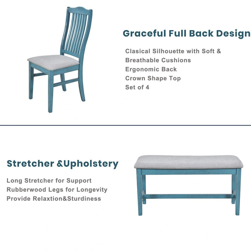 Mid-Century 6-Piece Dining Set for 5 (Antique Blue / Grey)