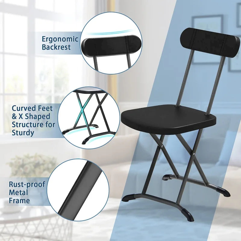 Black/White Folding Chair with Wide Seat & Ergonomic Back, Set of 4