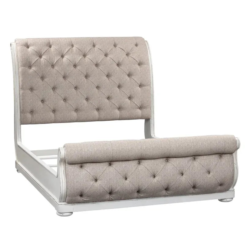 Antique White & Weathered Bark Upholstered Sleigh Bed, Dresser & Mirror Set – Queen/King, 3-Piece