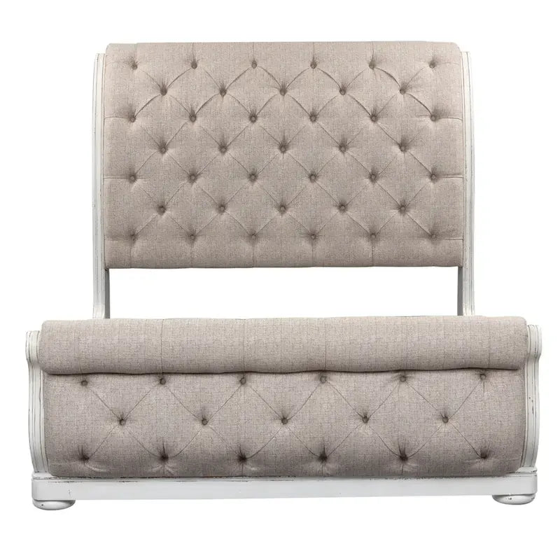 Antique White & Weathered Bark Upholstered Sleigh Bed, Dresser & Mirror Set – Queen/King, 3-Piece