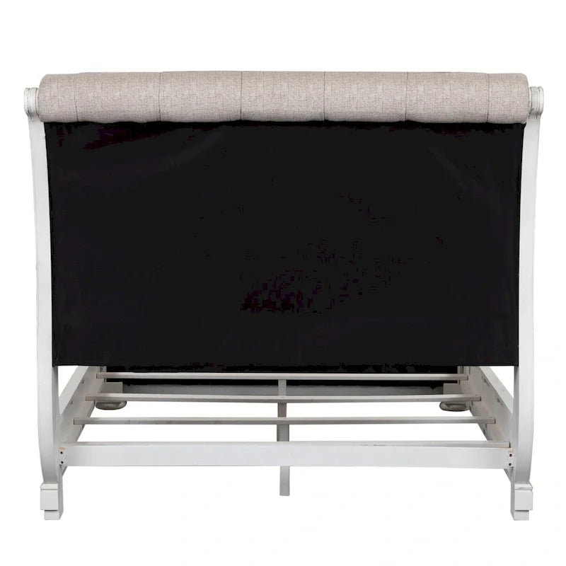 Antique White & Weathered Bark Upholstered Sleigh Bed, Dresser & Mirror Set – Queen/King, 3-Piece