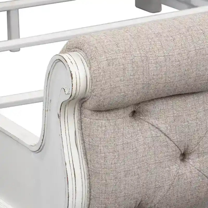 Antique White & Weathered Bark Upholstered Sleigh Bed, Dresser & Mirror Set – Queen/King, 3-Piece