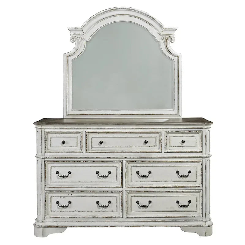 Antique White & Weathered Bark Upholstered Sleigh Bed, Dresser & Mirror Set – Queen/King, 3-Piece