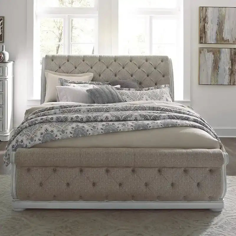 Antique White & Weathered Bark Upholstered Sleigh Bed, Dresser & Mirror Set – Queen/King, 3-Piece