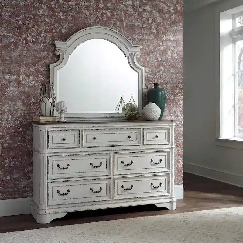 Antique White & Weathered Bark Upholstered Sleigh Bed, Dresser & Mirror Set – Queen/King, 3-Piece