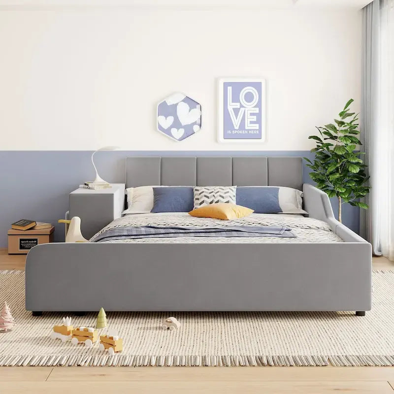 Full Size Velvet Grounded Platform Bed with Desk & Stool – Beige / Grey / Pink – For 2