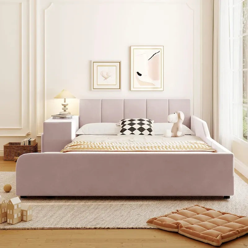 Full Size Velvet Grounded Platform Bed with Desk & Stool – Beige / Grey / Pink – For 2