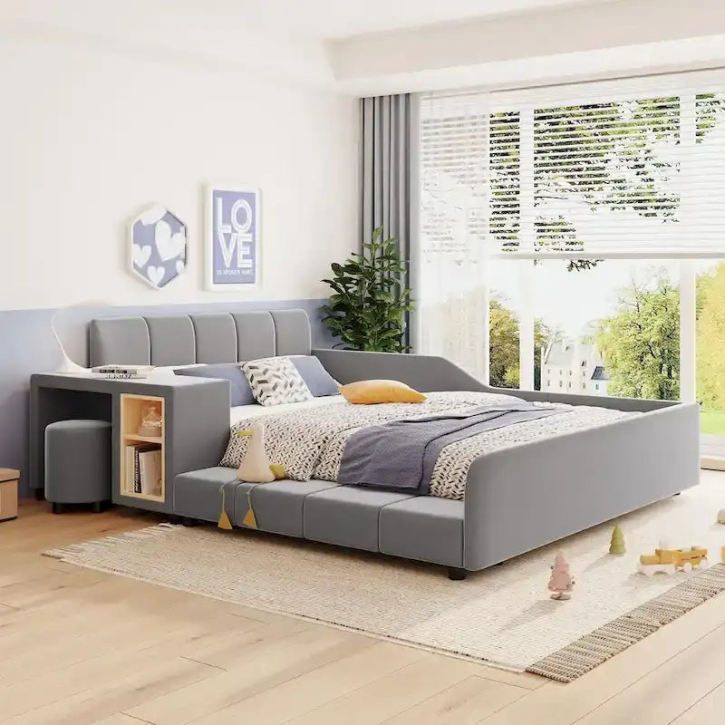 Full Size Velvet Grounded Platform Bed with Desk & Stool – Beige / Grey / Pink – For 2