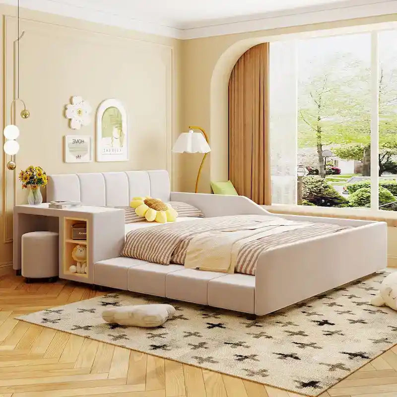 Full Size Velvet Grounded Platform Bed with Desk & Stool – Beige / Grey / Pink – For 2