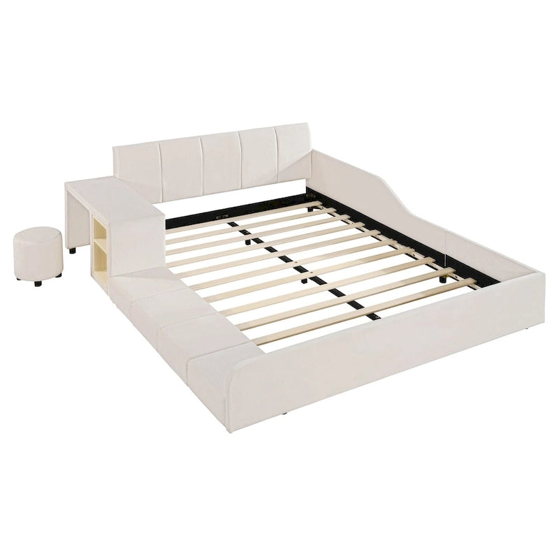 Full Size Velvet Grounded Platform Bed with Desk & Stool – Beige / Grey / Pink – For 2