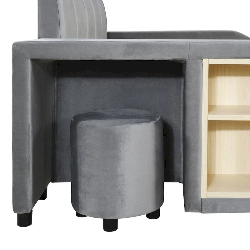 Full Size Velvet Grounded Platform Bed with Desk & Stool – Beige / Grey / Pink – For 2