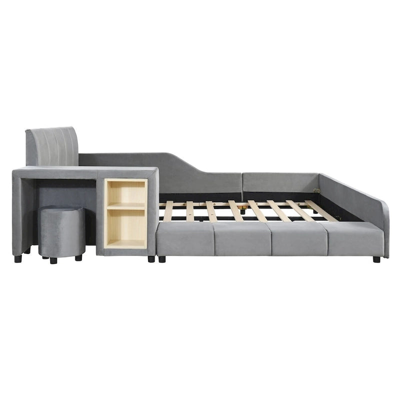 Full Size Velvet Grounded Platform Bed with Desk & Stool – Beige / Grey / Pink – For 2