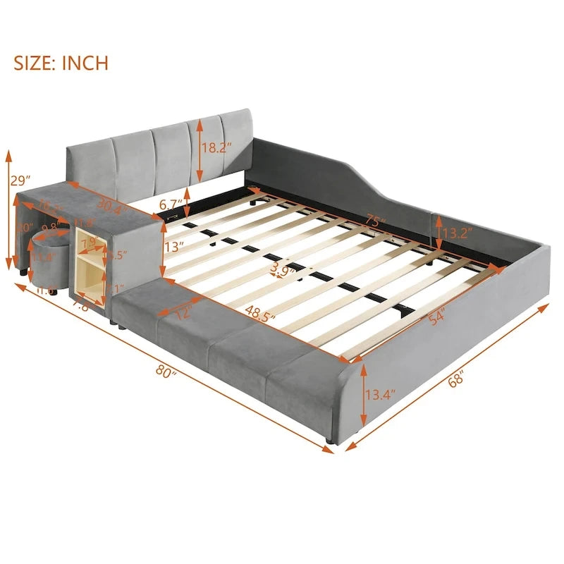 Full Size Velvet Grounded Platform Bed with Desk & Stool – Beige / Grey / Pink – For 2