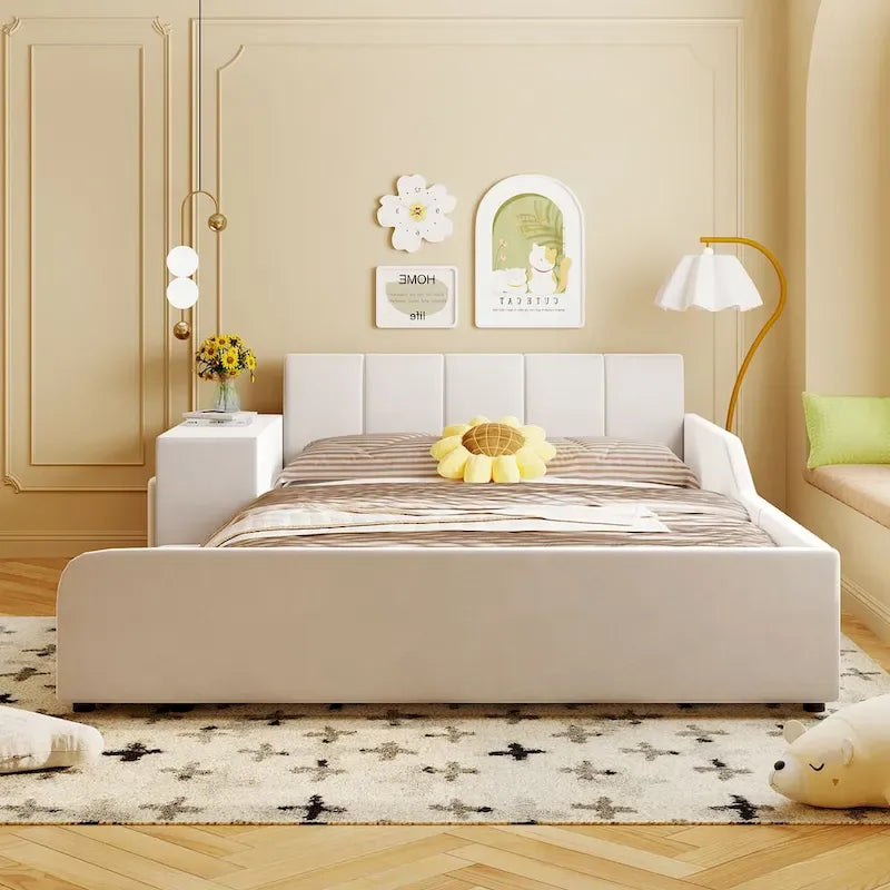 Full Size Velvet Grounded Platform Bed with Desk & Stool – Beige / Grey / Pink – For 2