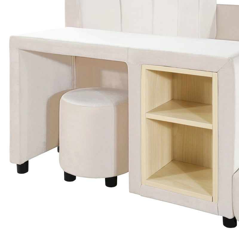 Full Size Velvet Grounded Platform Bed with Desk & Stool – Beige / Grey / Pink – For 2