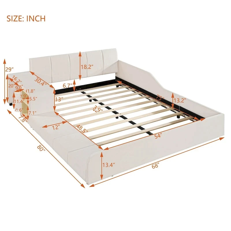 Full Size Velvet Grounded Platform Bed with Desk & Stool – Beige / Grey / Pink – For 2