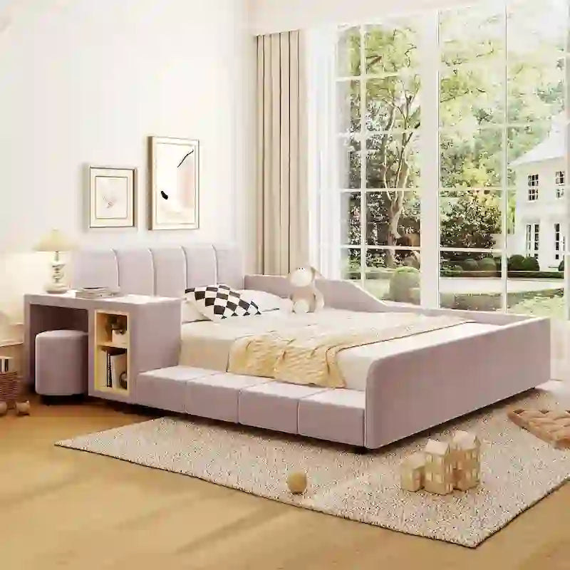 Full Size Velvet Grounded Platform Bed with Desk & Stool – Beige / Grey / Pink – For 2
