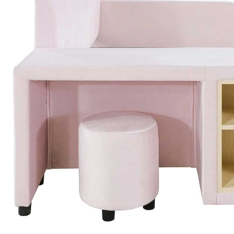 Full Size Velvet Grounded Platform Bed with Desk & Stool – Beige / Grey / Pink – For 2
