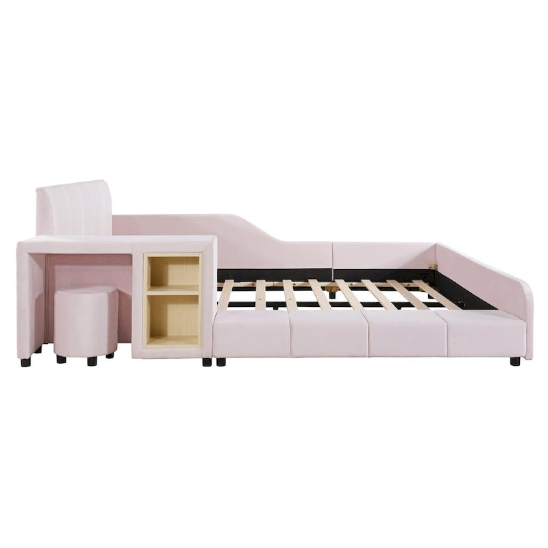 Full Size Velvet Grounded Platform Bed with Desk & Stool – Beige / Grey / Pink – For 2
