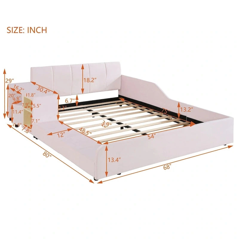 Full Size Velvet Grounded Platform Bed with Desk & Stool – Beige / Grey / Pink – For 2