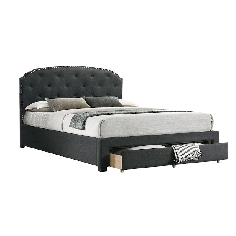 Charcoal Button-Tufted Upholstered King Bed with Underbed Drawer – Sleeps 2