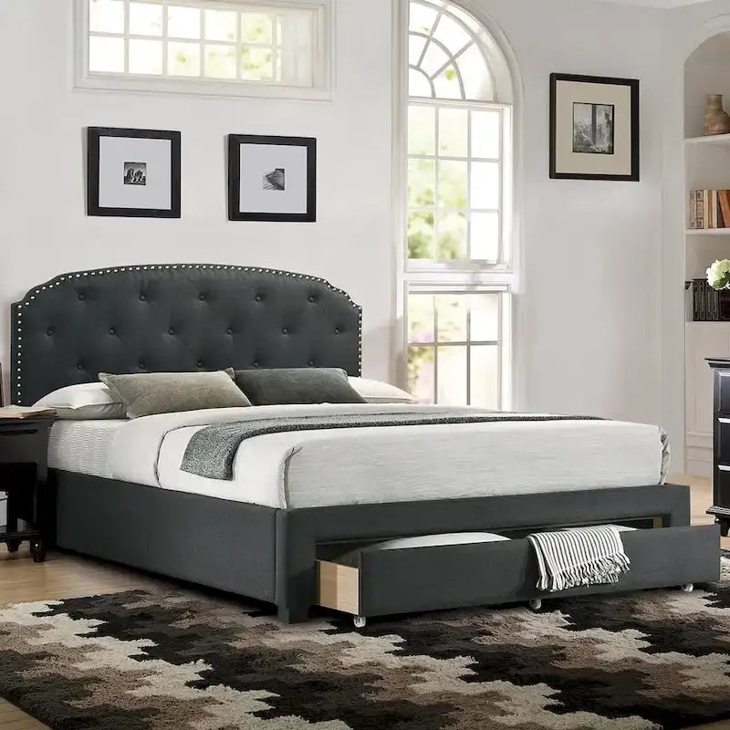 Charcoal Button-Tufted Upholstered King Bed with Underbed Drawer – Sleeps 2