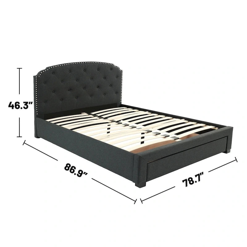 Charcoal Button-Tufted Upholstered King Bed with Underbed Drawer – Sleeps 2